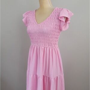BLU PEPPER Size Medium Pink Smocked V-Neck Flutter Sleeve Tiered Midi Dress NWT